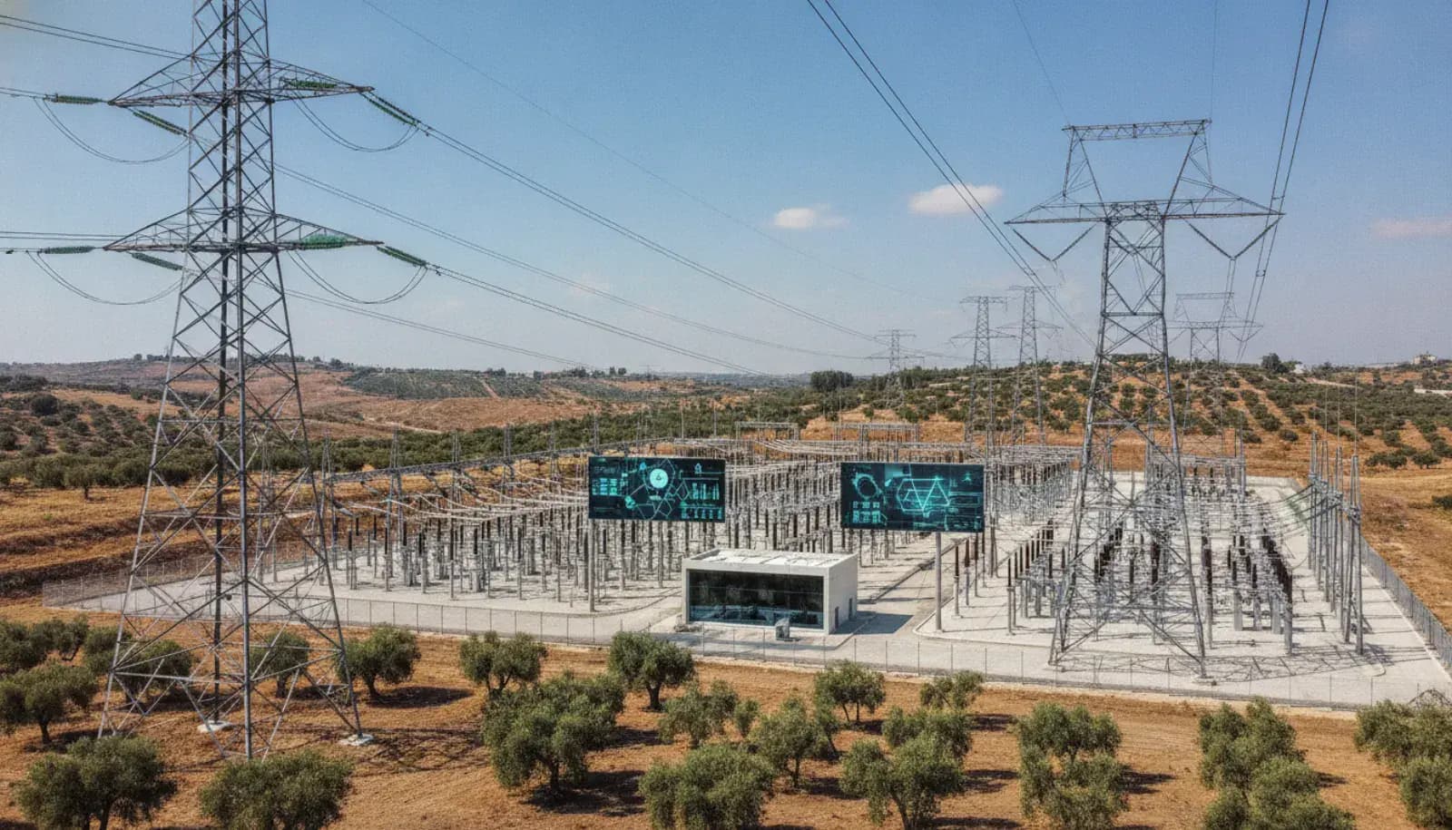 קווי מתח גבוה ומתקן משנה חשמלי בנוף ישראלי
