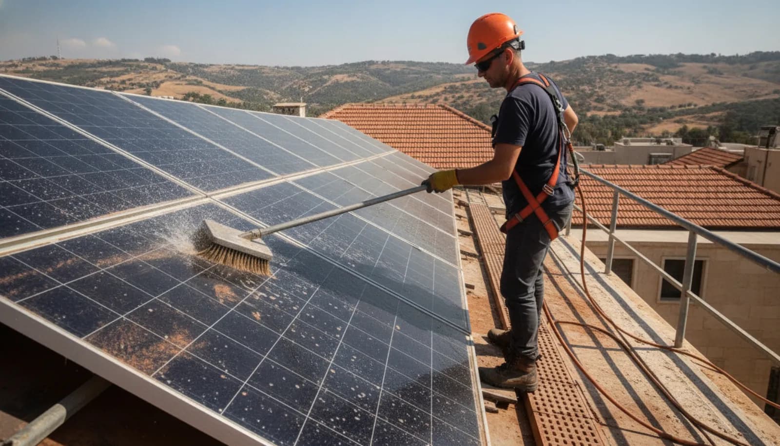 טכנאי מנקה פאנלים סולאריים מאובקים במברשת ובמים